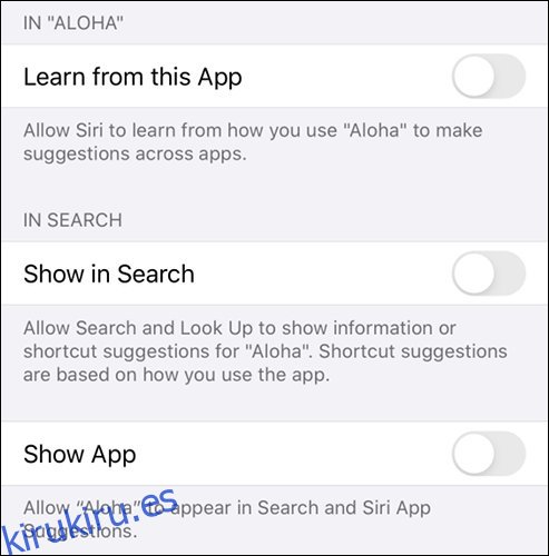 Excluir una aplicación de las sugerencias de Siri y los resultados de búsqueda