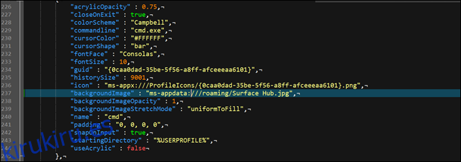 Archivo de configuración json del terminal de Windows, que muestra una opción de fondo personalizada.