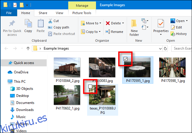 Ejemplo de casillas de verificación en el Explorador de archivos de Windows 10