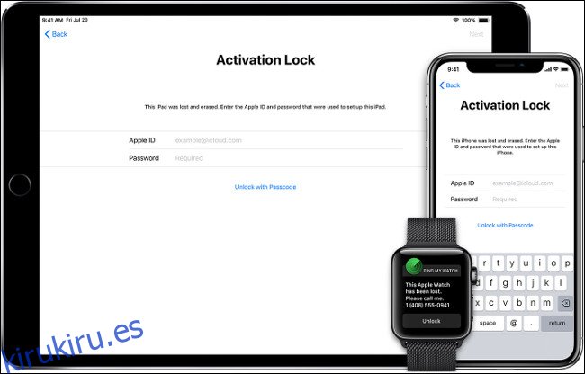 La pantalla de bloqueo de activación en un iPhone, iPad y Apple Watch.