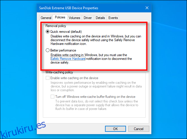 Verificación de la política de eliminación de unidades USB en el Administrador de dispositivos en Windows 10
