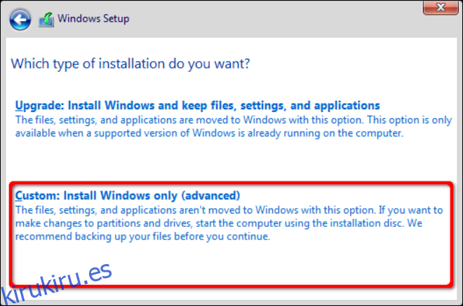 Instalación personalizada de Windows