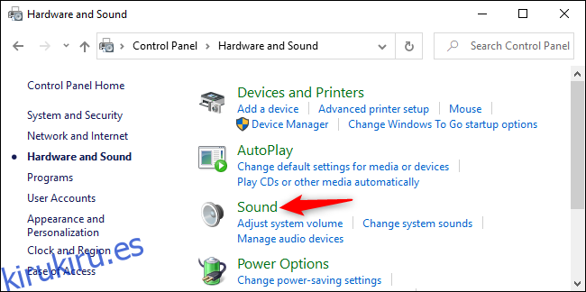 Abrir opciones de sonido en el Panel de control de Windows 10
