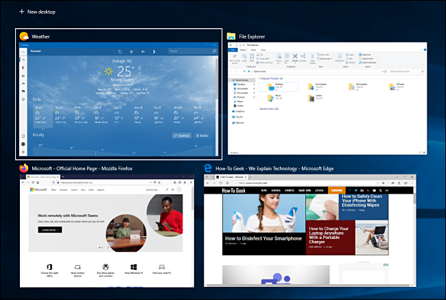 Cuatro ventanas abiertas en la Vista de tareas en Windows 10.