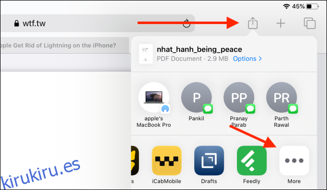 Toque el botón Compartir desde PDF y seleccione el botón Más en la sección Aplicaciones
