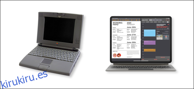 Un PowerBook 540c junto a un iPad Pro con teclado mágico. 
