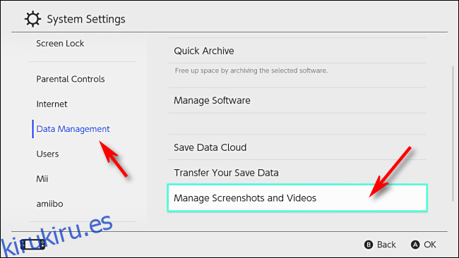 Seleccione Administrar capturas de pantalla y videos en la configuración de Nintendo Switch