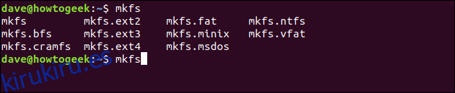 Lista de sistemas de archivos compatibles en una ventana de terminal
