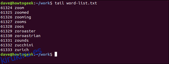 tail word-list.txt en una ventana de terminal