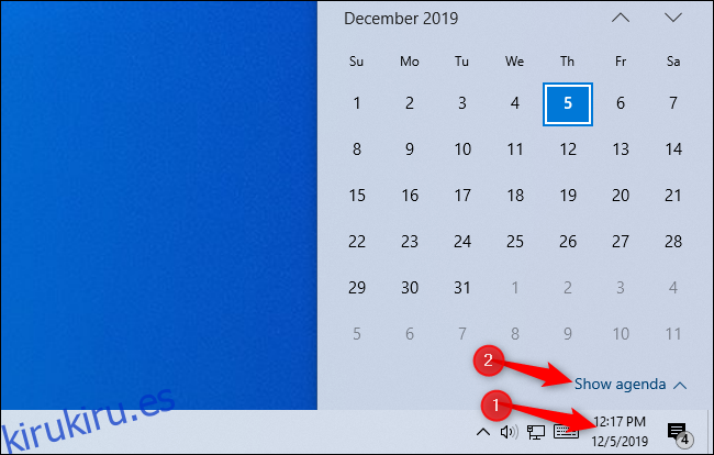 Mostrando la agenda en la ventana emergente del reloj de Windows 10.