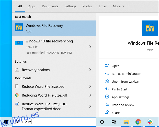 Inicio de recuperación de archivos de Windows desde el menú Inicio