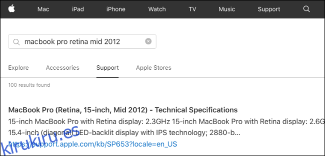 Especificaciones técnicas para MacBook Pro en Apple.com.
