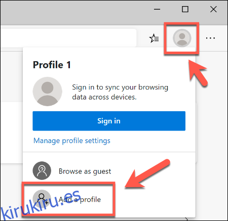 Para agregar un segundo perfil de usuario en Microsoft Edge, haga clic en el icono de perfil superior derecho, luego haga clic en Agregar un perfil