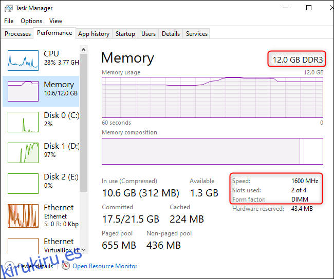 Cantidad y velocidad de RAM que se muestran en el Administrador de tareas de Windows 10