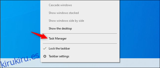 Opción Administrador de tareas en el menú contextual de la barra de tareas en Windows 10