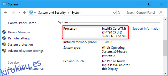 Nombre del procesador que se muestra en el Panel de control de Windows 10