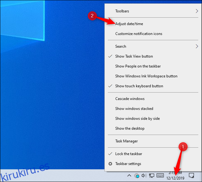 Configuración de la hora de apertura desde la barra de tareas de Windows 10.