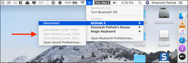 Comprobación de la duración de la batería de AirPods en Mac