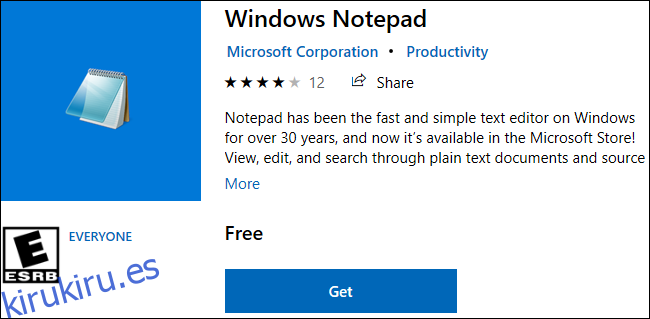 Bloc de notas de Windows disponible para descargar en la Tienda Windows 10.