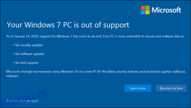 PC con Windows 7 fuera de mensaje de soporte de Microsoft.