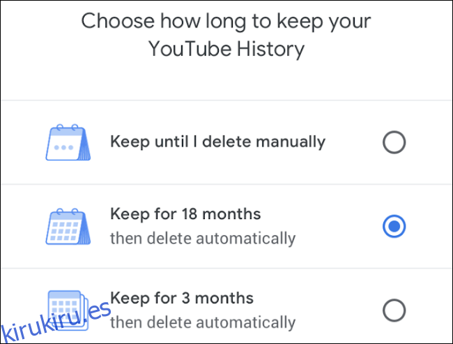 Controles de eliminación automática del historial de YouTube.