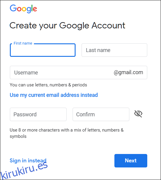 La página Cree su cuenta de Google, donde escribe su nombre y apellido, nombre de usuario y contraseña.