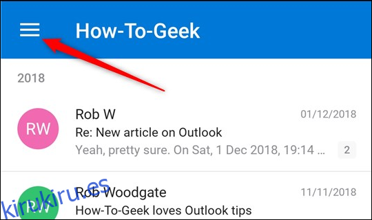 El icono de hamburguesa en la aplicación de correo de Outlook