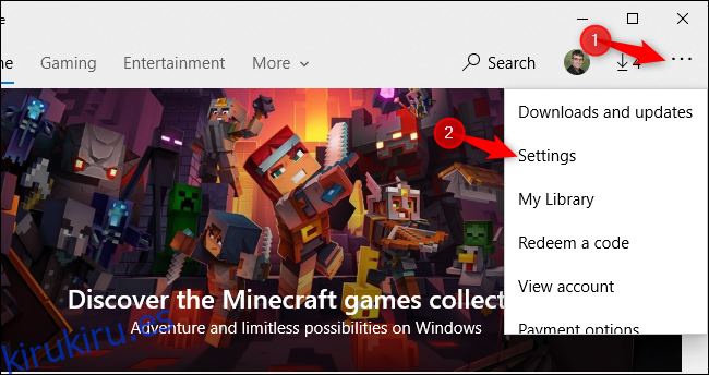 Abriendo la pantalla de configuración de Microsoft Store en Windows 10.
