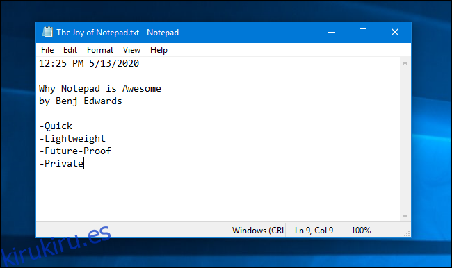 Ejemplo de Bloc de notas de Windows 10