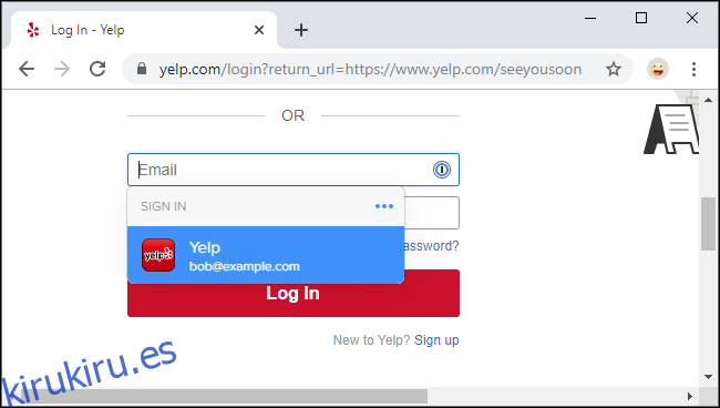 Iniciar sesión en el sitio web de Yelp con 1Password X en Google Chrome.
