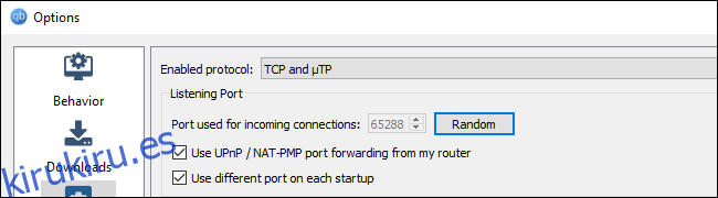 Opciones de puerto aleatorio en el cliente qBittorrent BitTorrent.
