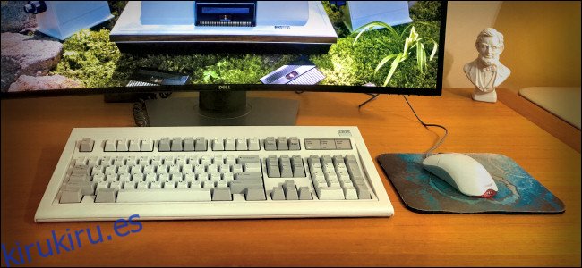 El teclado IBM Modelo M sentado sobre un escritorio. 