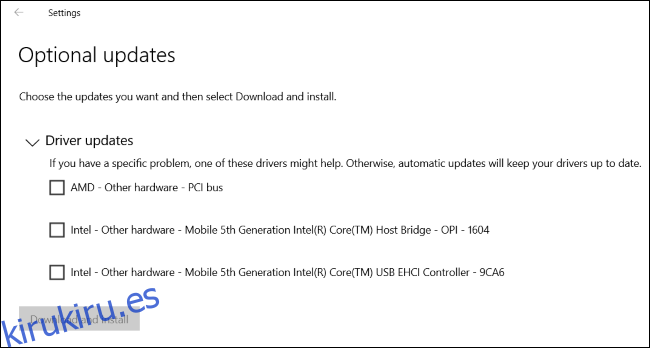 Nueva página de actualizaciones opcionales de Windows 10 que enumera las actualizaciones de controladores.