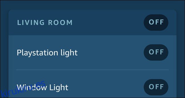 Aplicación Alexa que muestra dos luces llamadas Playstation Light y Window Light