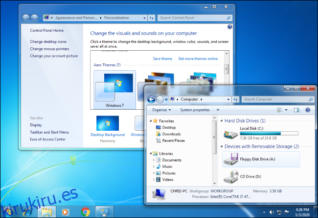 Un escritorio de Windows 7 con el Panel de control y el Explorador de Windows abiertos.