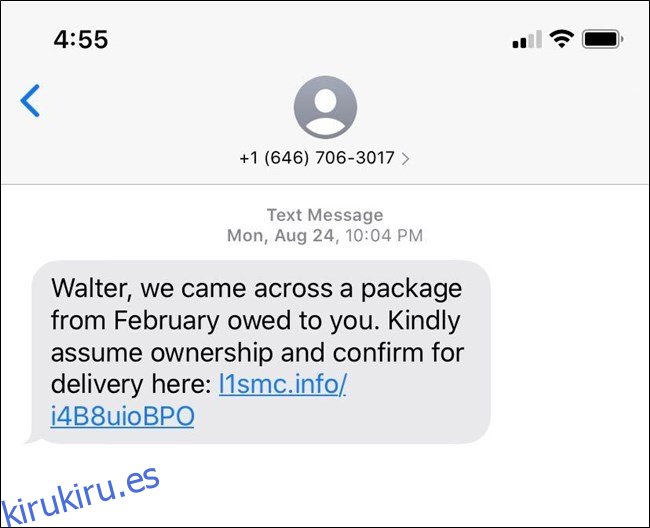 Estafa de paquete de mensajes de texto con el nombre del destinatario