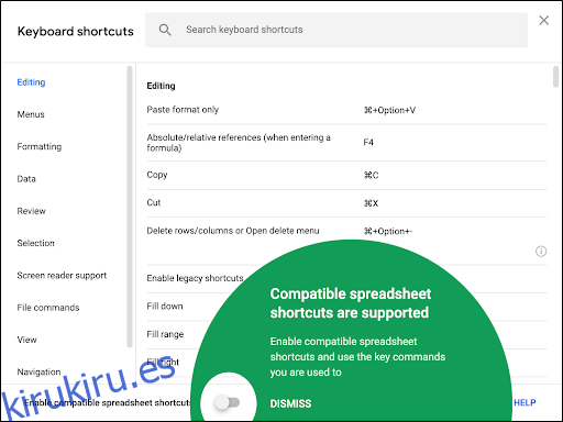 Ejemplo de accesos directos compatibles con Google Sheets.