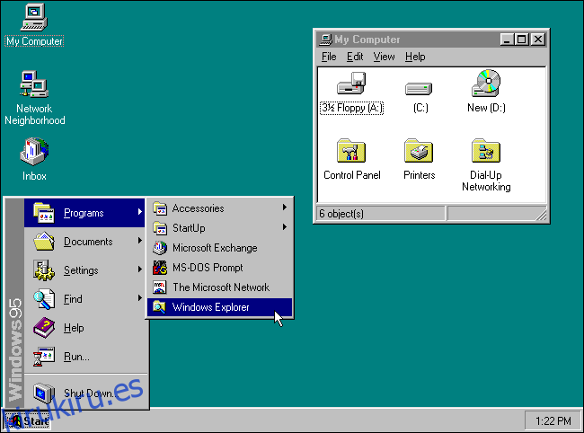 El botón Inicio en un escritorio de Microsoft Windows 95.