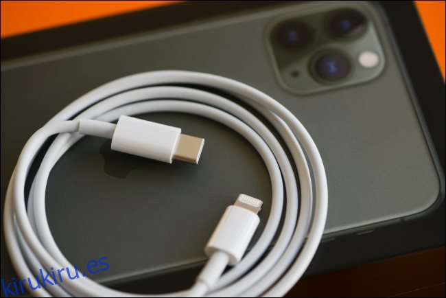 Un cable de carga rápida Lightning a USB-C que descansa sobre un iPhone 11.