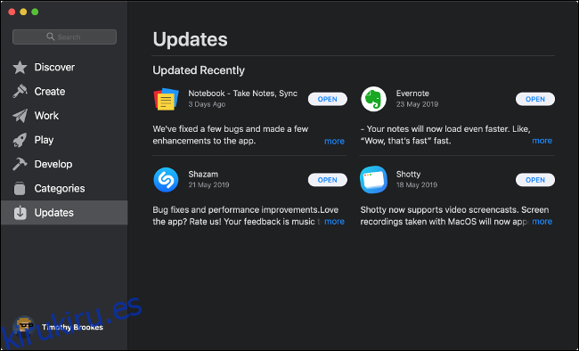 El menú Actualizaciones de software de la App Store en macOS.