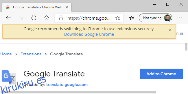 La advertencia de Chrome Web Store sobre Edge