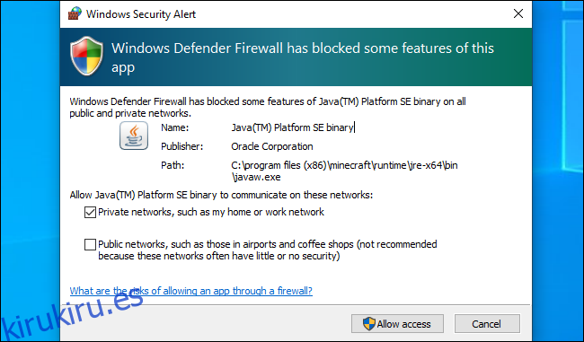 Alerta de seguridad de Windows Defender en Windows 10.