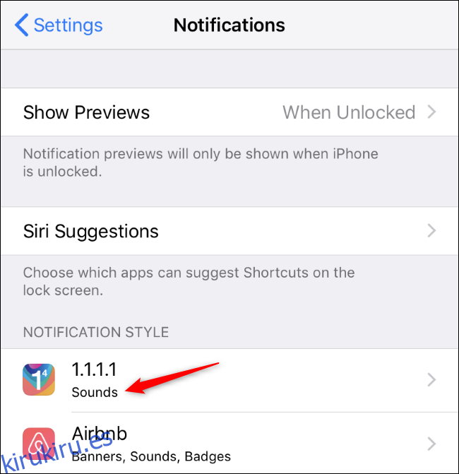 Pantalla de notificaciones de iPhone que muestra una aplicación con solo alertas de sonido.