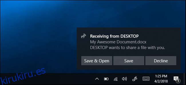 Recibir un archivo enviado con el uso compartido cercano en Windows 10
