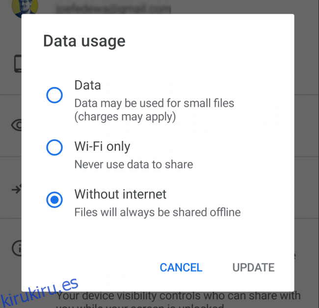 Opciones de uso de datos para Compartir cercano en Android