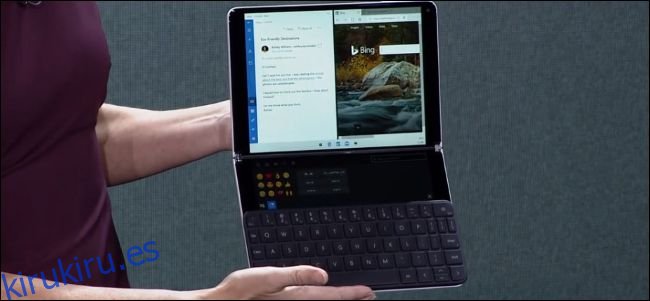 El dispositivo Surface Neo de Microsoft con su teclado adjunto y el Wunderbar visible.