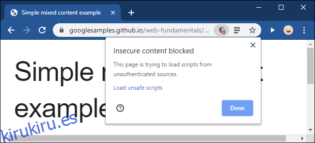 El mensaje de contenido inseguro bloqueado en Google Chrome.