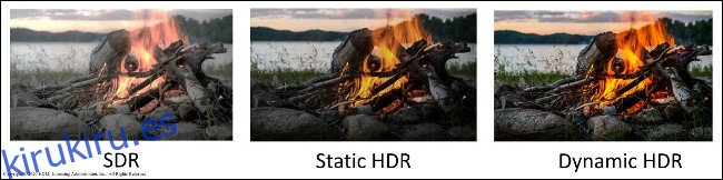 Tres fotos de una fogata: una en SDR, una en HDR estático y otra en HDR dinámico.