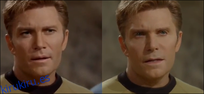 Una escena de Star Trek con el Capitán Kirk interpretado por Vic Mignogna.  Los fanáticos crearon una deepfake de esta escena donde la cara de William Shatner se superpone sobre la de Vic.  Irónicamente, la cara de Vic es la que parece profundamente falsa.