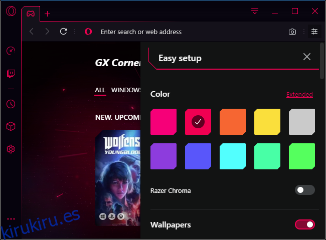 Opciones de color Opera GX y Razer Chroma